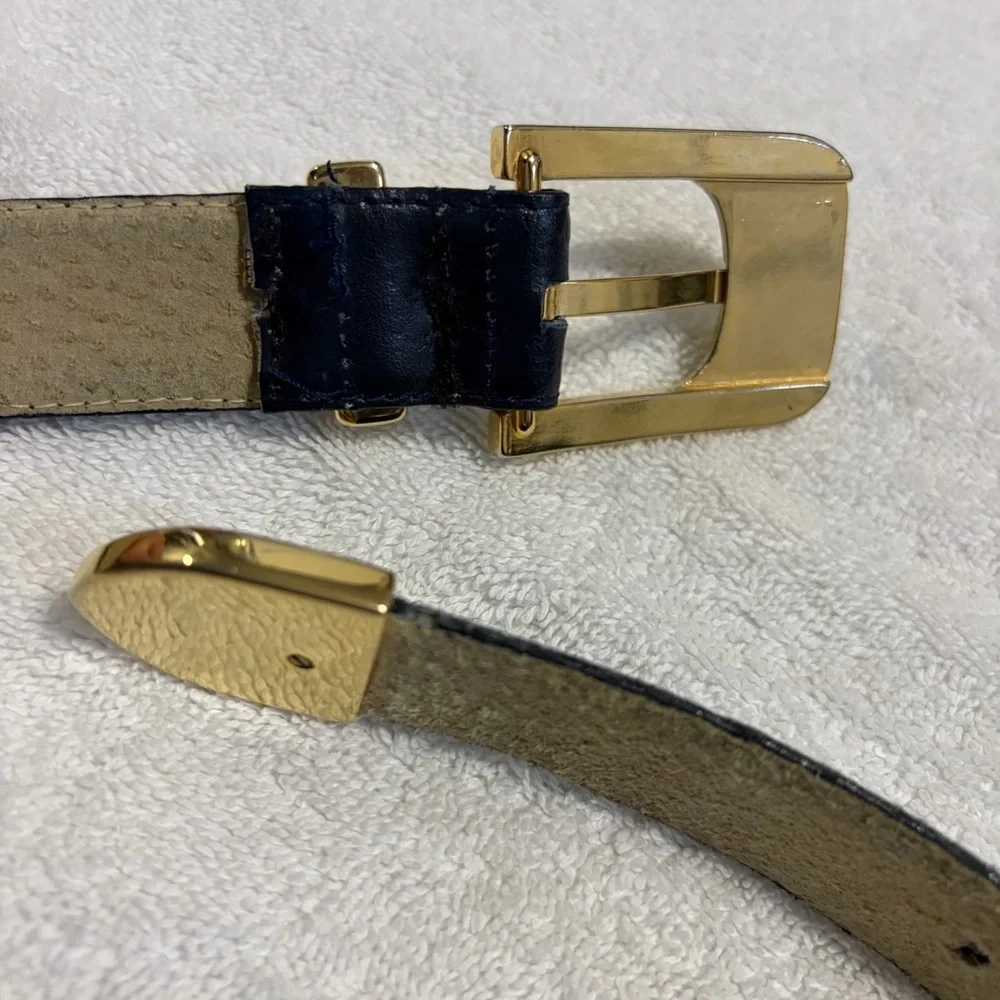 Vintage Christian Dior Blue Leather Belt with Gold-Tone Buckle M